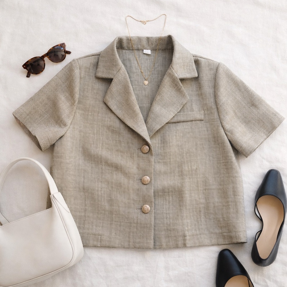 The Open Product Boxy Cropped Blazer Top Neutral Quiet Luxury Vibes